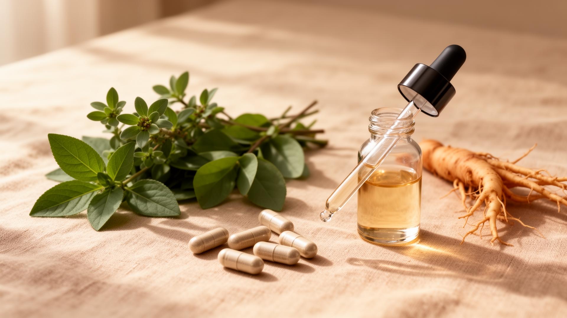 Suplementos naturais e ervas medicinais sobre tecido bege